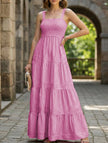 FJØRNA retro style striped white maxi dress, flowing fabric with pink accents, perfect for casual or summer wear