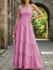 FJØRNA retro style striped white maxi dress, flowing fabric with pink accents, perfect for casual or summer wear