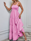 FJØRNA retro striped white maxi dress with pink accents, flowing style, and sleeveless design perfect for summer wear.