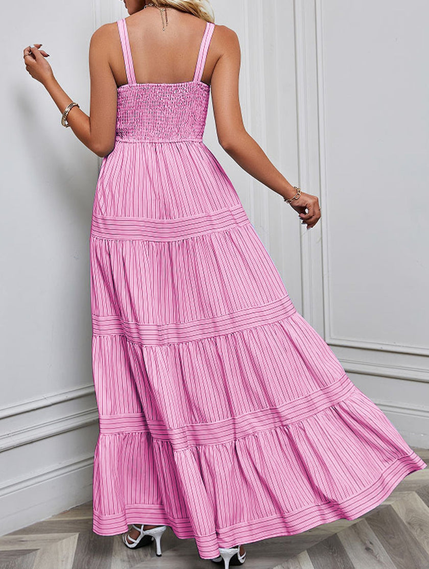 FJØRNA retro striped white maxi dress with pink accents, flowing maxi dress with bold horizontal stripes, stylish and comfortable.