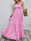 FJØRNA retro striped white maxi dress with pink accents, flowing fabric, and long sleeves, perfect for casual or summer wear.