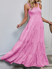 FJØRNA retro style striped white maxi dress with pink accents, flowing fabric, and a comfortable fit for casual or summer wear.