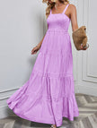 FJØRNA retro striped white maxi dress, flowing long dress with bold purple and white stripes, perfect for casual summer wear.