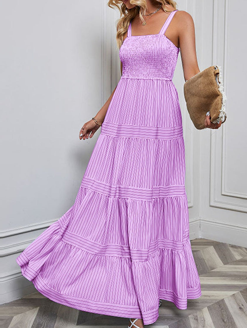 FJØRNA retro striped white maxi dress, flowing long dress with bold purple and white stripes, perfect for casual summer wear.