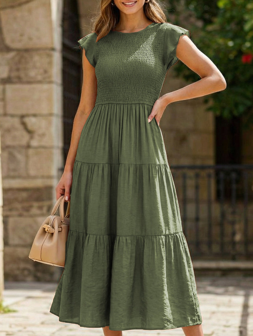 White solid color cross-border sleeved dress by FJØRNA, featuring a stylish design and long sleeves.
