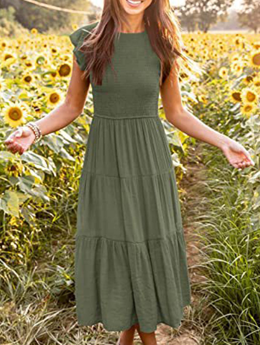 White FJØRNA solid color cross-border sleeved dress, featuring a stylish design with long sleeves and elegant silhouette.