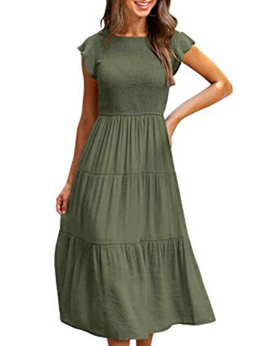 White sleeved dress by FJØRNA, solid color cross-border design, stylish and elegant for casual or semi-formal occasions.