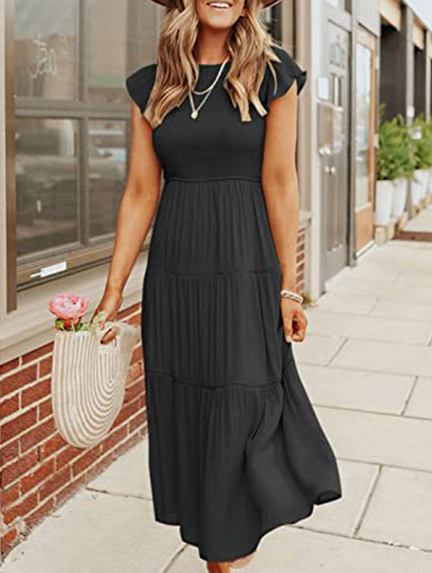 FJØRNA solid black cross-border sleeved dress with a fitted silhouette, stylish and versatile for various occasions.