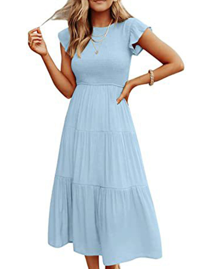 FJØRNA solid white cross-border sleeved dress, elegant and simple, displayed on a mannequin with clean background.