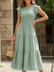 FJØRNA solid white cross-border sleeved dress, stylish and elegant, shown in a full-length view with a fitted silhouette.