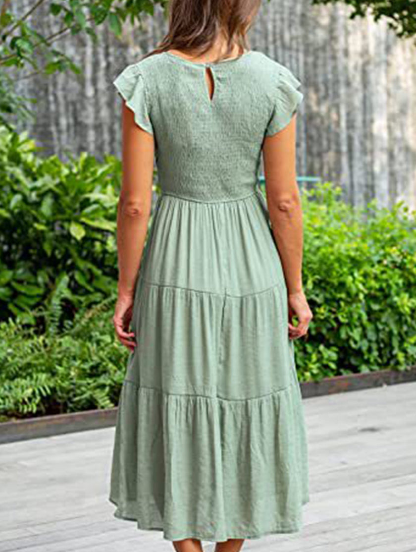 Light green FJØRNA solid color cross-border sleeved dress displayed on a mannequin, showcasing a stylish and elegant design.