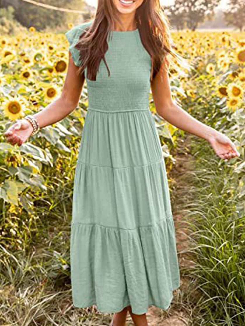 FJØRNA solid white cross-border sleeved dress with a simple, elegant design, perfect for casual or formal occasions.