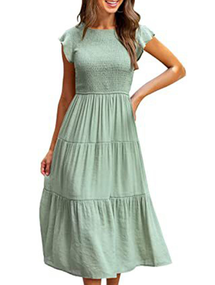 FJØRNA solid white cross-border sleeved dress, lightweight and elegant, shown on a model with a simple background.