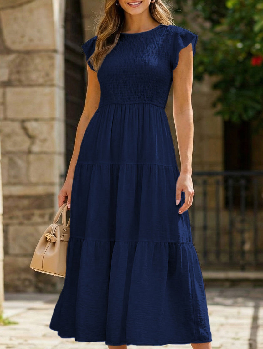 FJØRNA white cross-border sleeved dress with solid color design, featuring a stylish and comfortable fit.