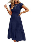 Navy solid color cross-border sleeved dress by FJØRNA, stylish and elegant dress with long sleeves, perfect for formal or casual wear.