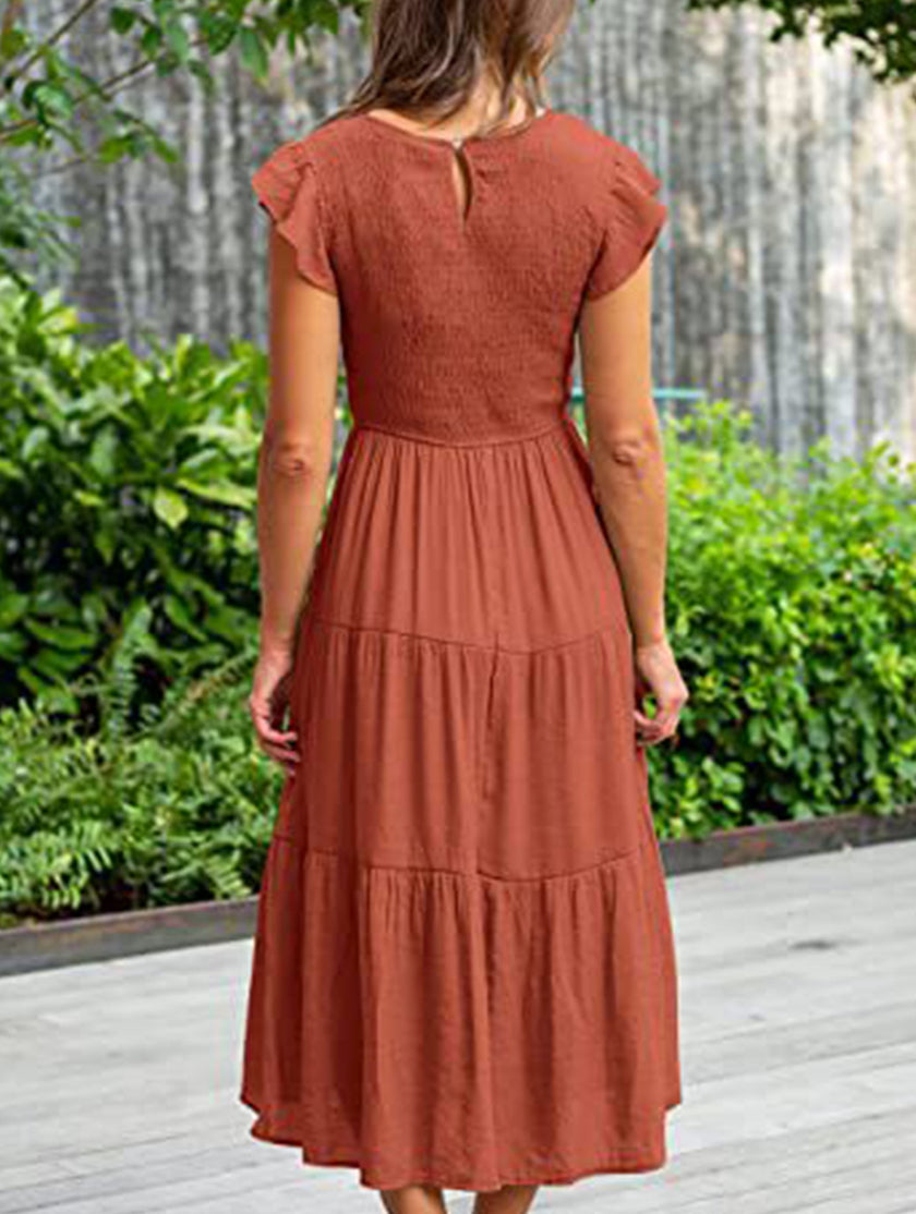 Orange solid color cross-border sleeved dress by FJØRNA, featuring a stylish design and comfortable fit.