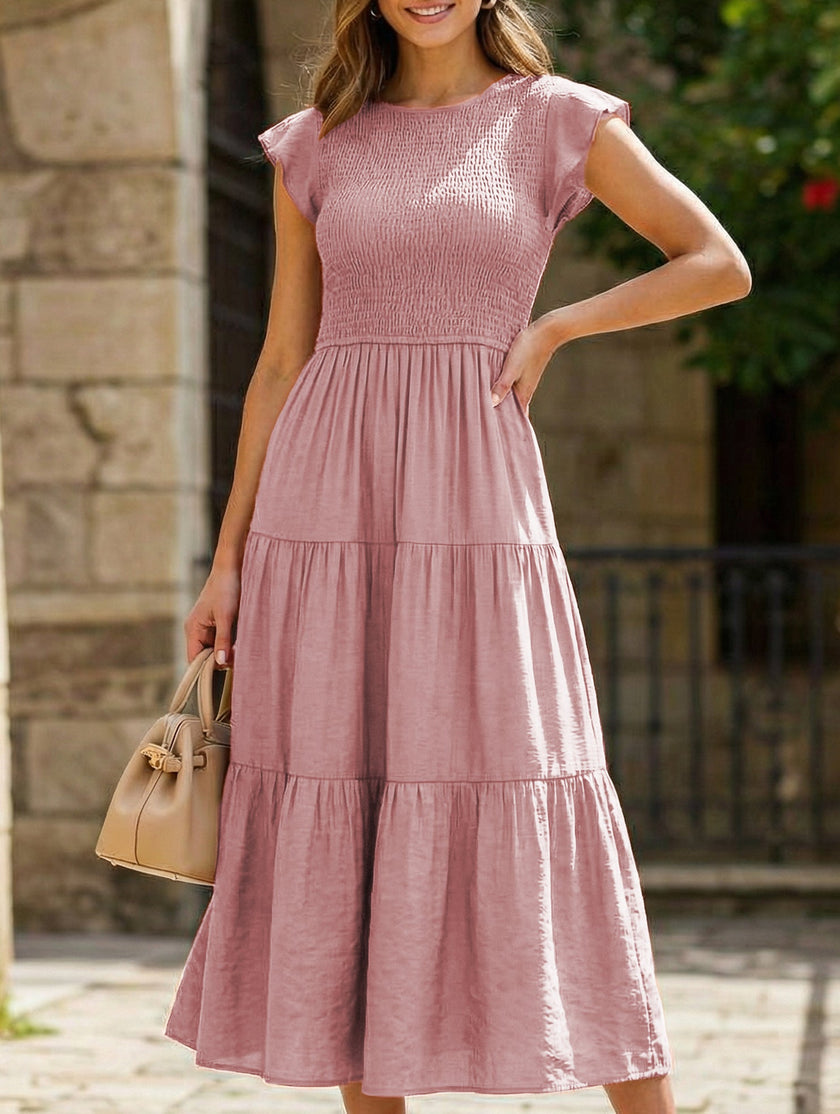 FJØRNA solid white cross-border sleeved dress displayed on a hanger, showcasing its elegant design and clean lines.