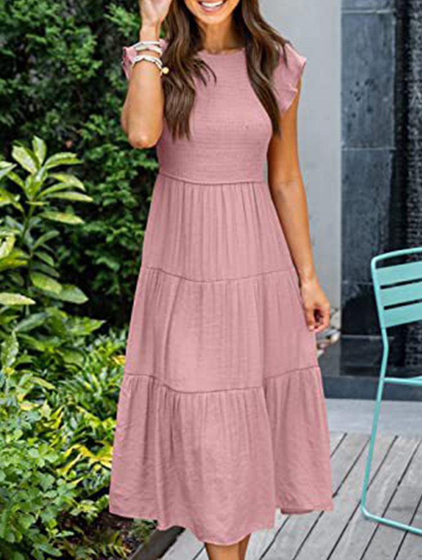 FJØRNA solid white cross-border sleeved dress, stylish and elegant, featuring clean lines and a fitted silhouette.