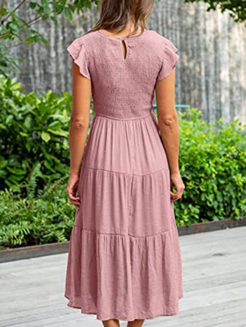 FJØRNA solid white cross-border sleeved dress, stylish and elegant, shown on a model with a fitted silhouette and round neckline.