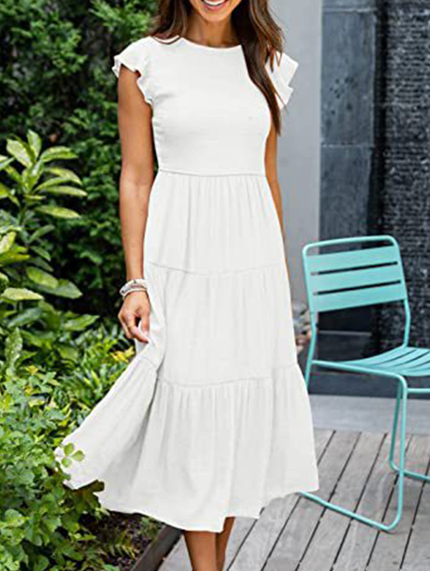 White solid color cross-border sleeved dress by FJØRNA, featuring a stylish design and long sleeves, perfect for elegant occasions.
