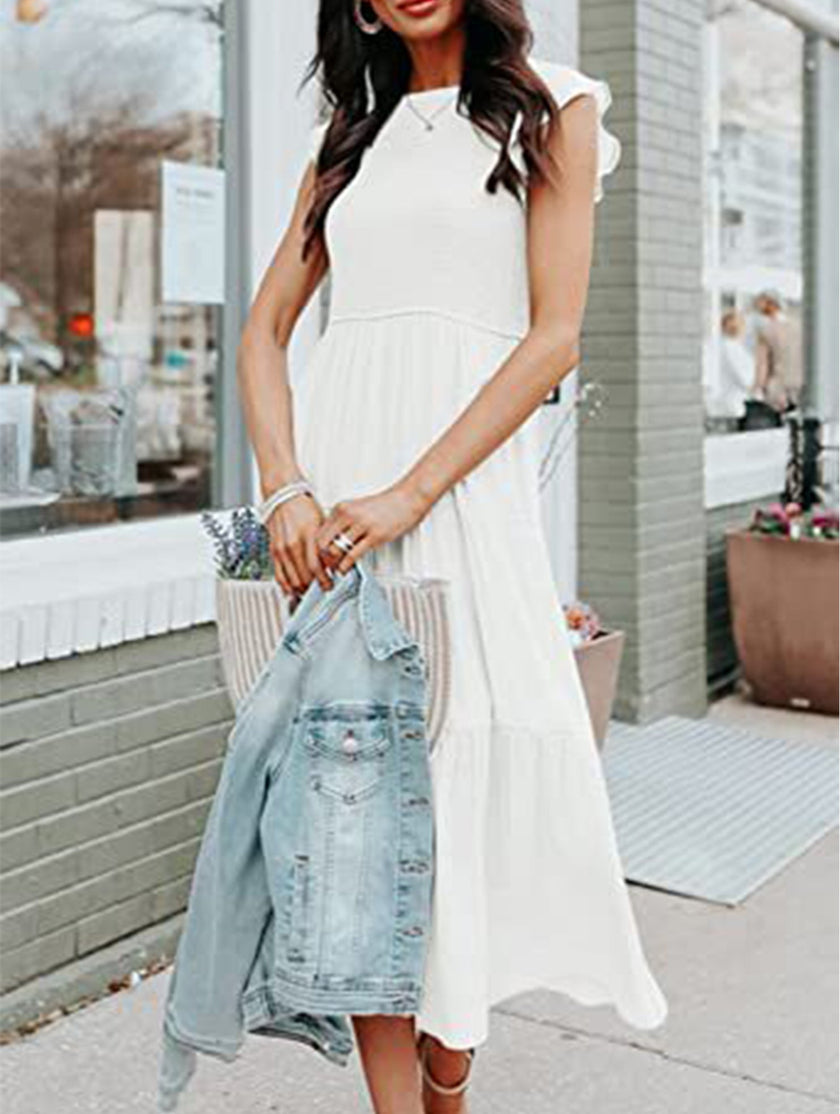 White FJØRNA solid color cross-border sleeved dress displayed on a hanger, showcasing its elegant design and clean lines.