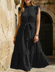 Black Ruffled Flutter Sleeve Tie Textured Dress by FJØRNA, showcasing a stylish dress with ruffle sleeves and textured fabric.