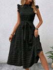 Black FJØRNA ruffled flutter sleeve tie textured dress, featuring a stylish design with ruffles and textured fabric.