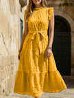Yellow FJØRNA ruffled flutter sleeve tie textured dress, lightweight and stylish, perfect for warm weather and casual occasions.