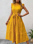 Yellow FJØRNA ruffled flutter sleeve tie textured dress with a flowy silhouette, perfect for warm-weather styling.