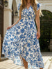 Blue FJØRNA print V-neck dress with stylish design, lightweight fabric, and elegant silhouette, perfect for casual or semi-formal wear.