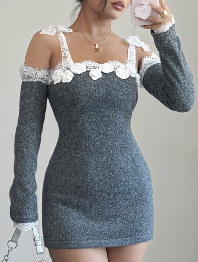 Spliced hand-crocheted one-shoulder white dress by FJØRNA, featuring intricate crochet details and a stylish, modern design.