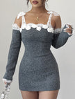 Spliced hand-crocheted white one-shoulder dress by FJØRNA, featuring intricate crochet details and a stylish silhouette.