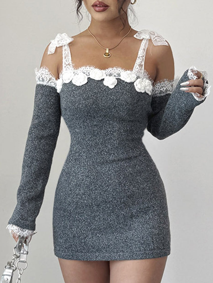 Spliced hand-crocheted white one-shoulder dress by FJØRNA, featuring intricate crochet details and a stylish silhouette.