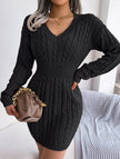 Black cable-knit waist-hugging hip dress by FJØRNA, showcasing its fitted silhouette and stylish knit design.