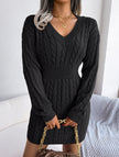 FJØRNA white cable-knit waist-hugging hip dress, stylish and fitted, shown in black in this fashion dress image.