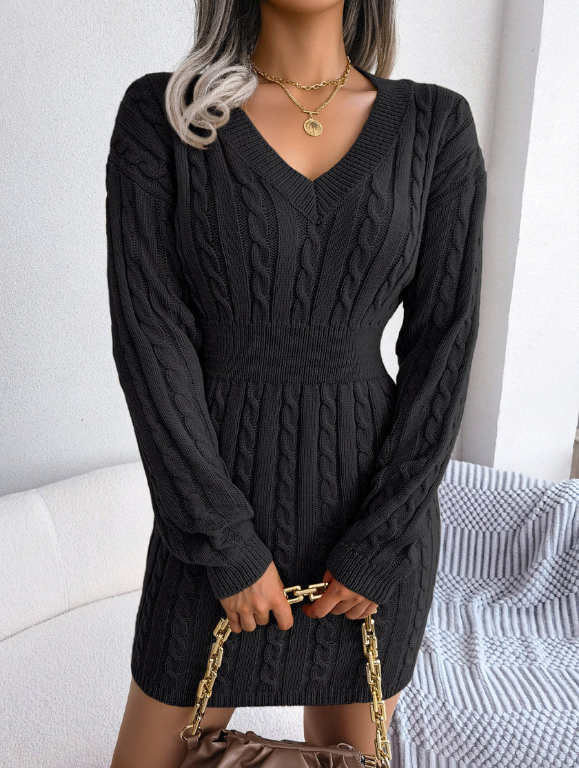 FJØRNA white cable-knit waist-hugging hip dress, stylish and fitted, shown in black in this fashion dress image.