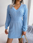 FJØRNA blue cable-knit waist-hugging hip dress modeled on a person, showcasing a stylish, fitted knit design perfect for casual wear.