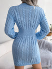 Blue cable-knit waist-hugging hip dress by FJØRNA, featuring a fashionable, fitted design perfect for stylish occasions.