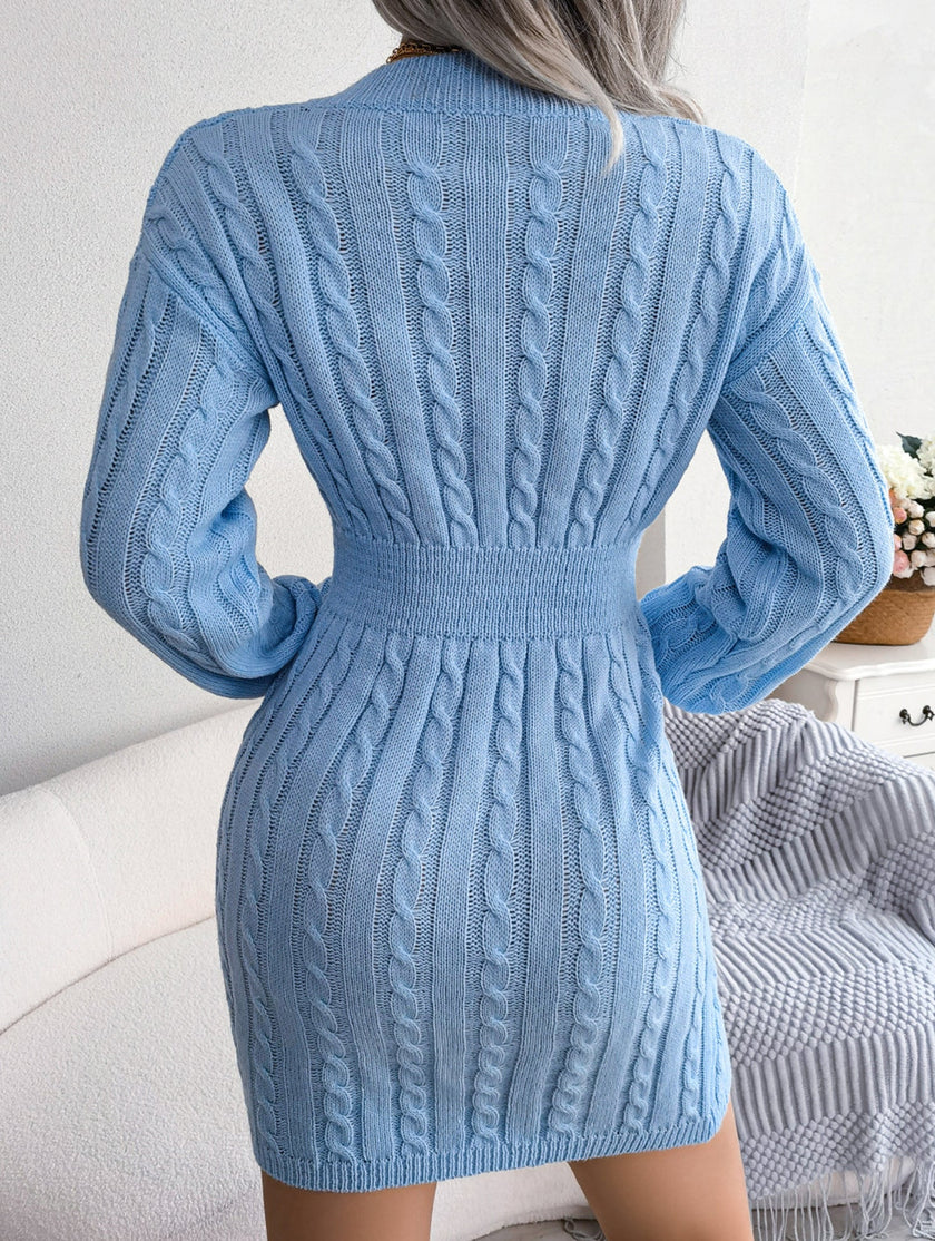Blue cable-knit waist-hugging hip dress by FJØRNA, featuring a fashionable, fitted design perfect for stylish occasions.