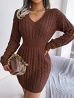 FJØRNA white cable-knit waist-hugging hip dress displayed on a model, showcasing its stylish fit and cozy knit texture.