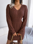 FJØRNA white cable-knit waist-hugging hip dress, stylish and cozy, displayed on a model with a focus on the fitted silhouette.