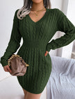 Green cable-knit waist-hugging hip dress by FJØRNA featuring a stylish, form-fitting design and cozy knitted texture.