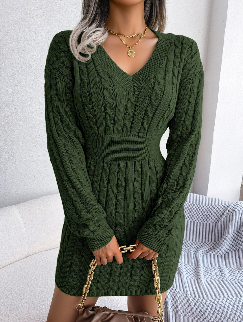 White FJØRNA cable-knit waist-hugging hip dress featuring a stylish, fitted design and cozy knitted texture.