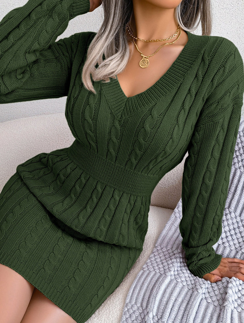 White cable-knit waist-hugging hip dress by FJØRNA featuring a stylish, fitted design and cozy knit texture.