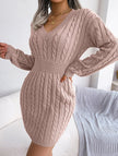 White cable-knit waist-hugging hip dress by FJØRNA, showcasing its fitted silhouette and cozy knitted texture.