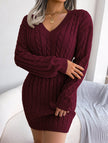 White cable-knit waist-hugging hip dress by FJØRNA, showing a fitted, stylish knit dress with long sleeves and a high neckline.