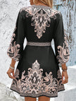 FJØRNA printed V-neck three-quarter sleeve tie-waist dress in white, shown with a stylish silhouette and elegant design.