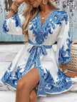 FJØRNA printed white V-neck three-quarter sleeve tie-waist dress, casual and stylish, with a comfortable fit and elegant design.
