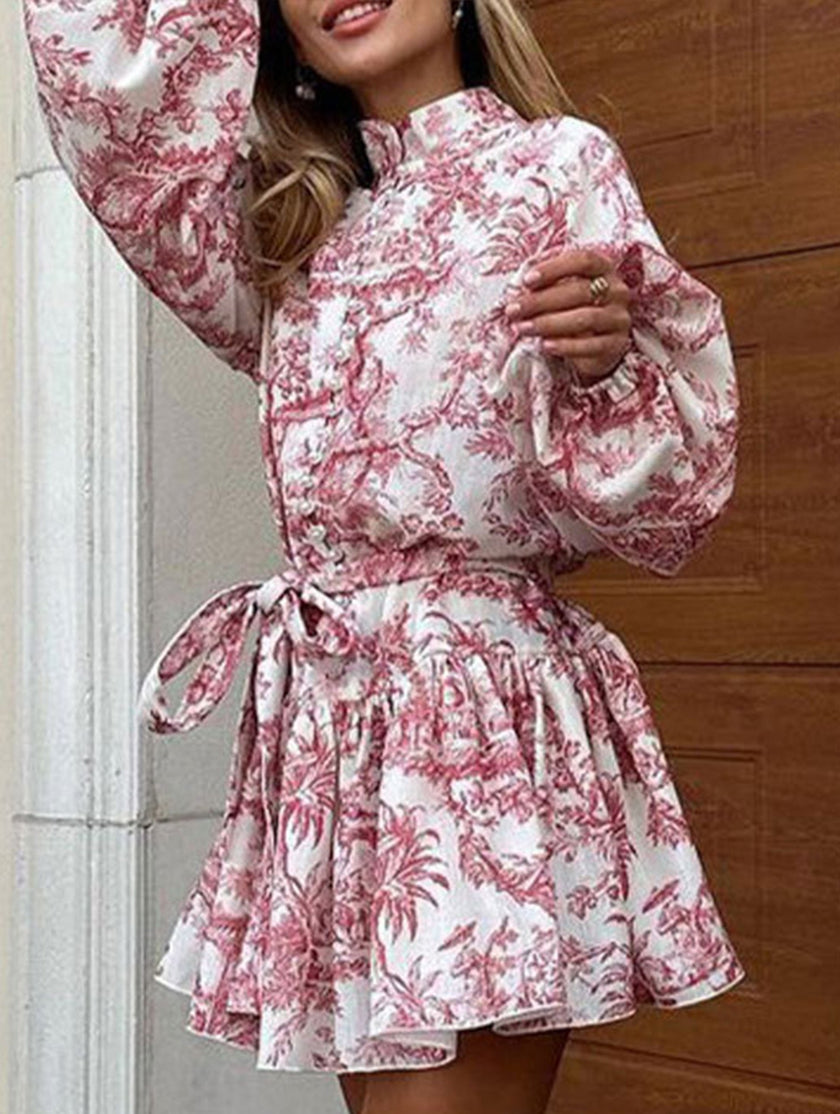 FJØRNA retro lace-up print dress in white, featuring vintage-inspired design and stylish lace-up details.