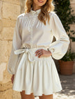 White retro lace-up print dress by FJØRNA featuring a vintage-inspired design and classic silhouette.